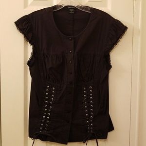Black button up short sleeve top
